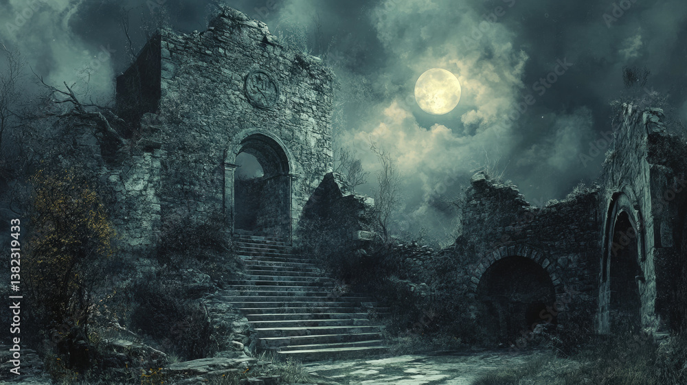 Mysterious Moonlit Ruins of an Ancient Stone Castle in a Foggy, Dark and Eerie Night Landscape