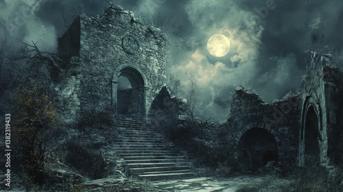 Obraz na płótnie Mysterious Moonlit Ruins of an Ancient Stone Castle in a Foggy, Dark and Eerie Night Landscape w salonie