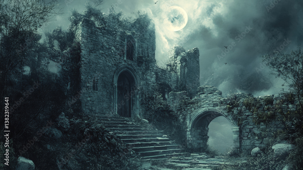 Mysterious Moonlit Ruins of an Ancient Stone Castle in a Foggy, Dark and Eerie Night Landscape