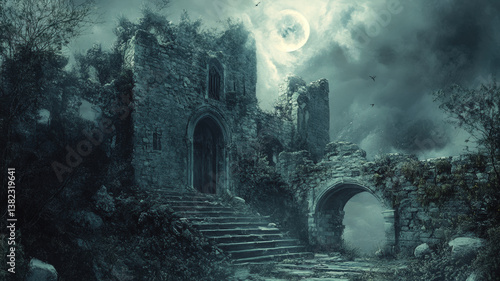 Obraz na płótnie Mysterious Moonlit Ruins of an Ancient Stone Castle in a Foggy, Dark and Eerie Night Landscape w salonie
