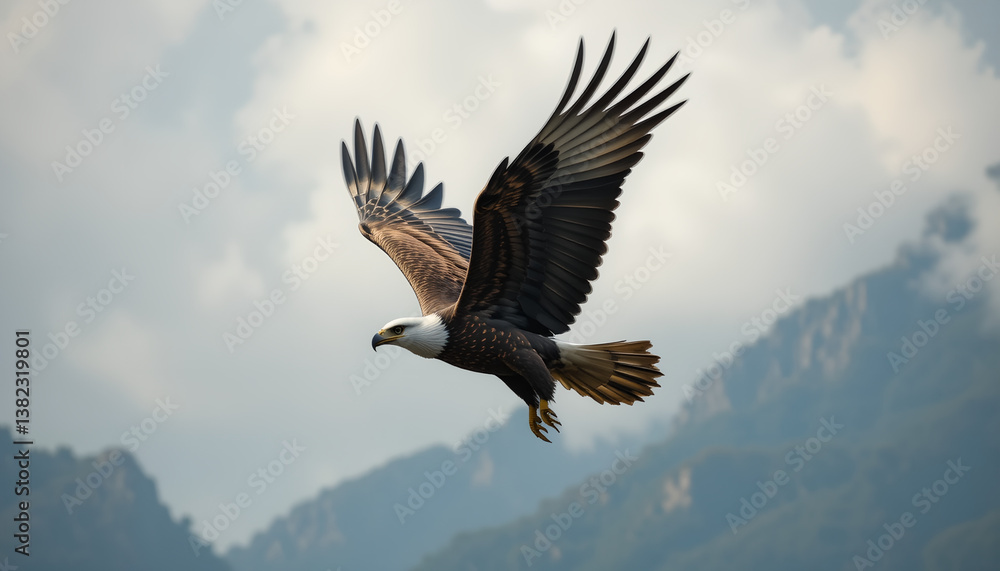 Naklejka premium Majestic Bald Eagle Soars Above Misty Mountain Peaks