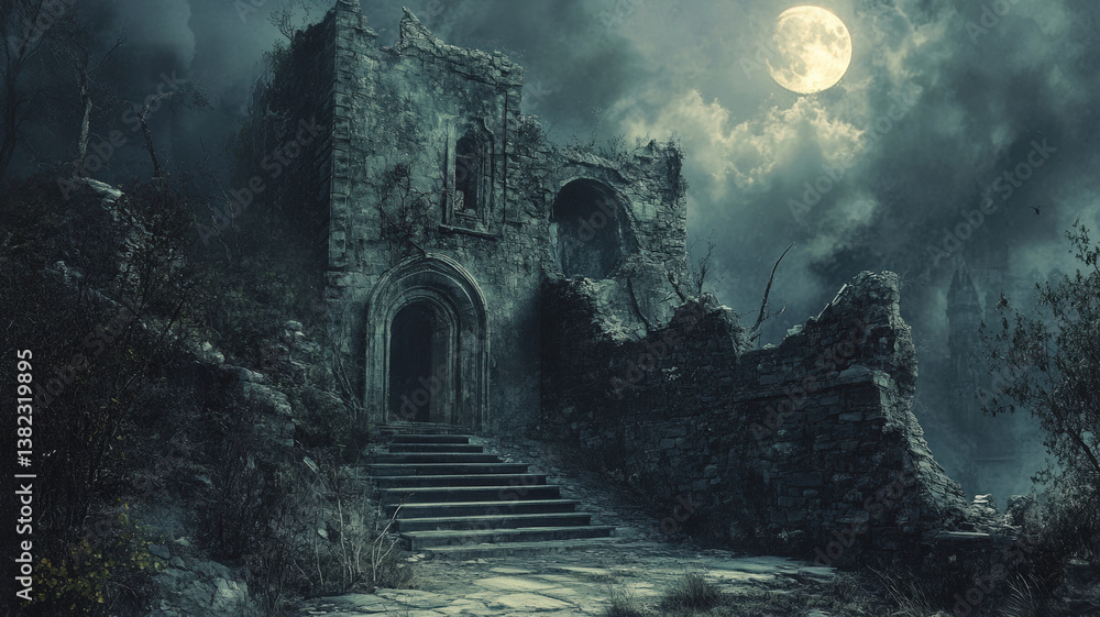 Mysterious Moonlit Ruins of an Ancient Stone Castle in a Foggy, Dark and Eerie Night Landscape