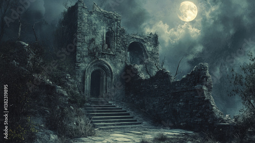 Obraz na płótnie Mysterious Moonlit Ruins of an Ancient Stone Castle in a Foggy, Dark and Eerie Night Landscape w salonie