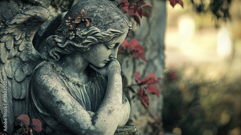 Melancholic Stone Angel Statue Sitting in a Garden with Flowers in Soft Light and Dreamy Atmosphere