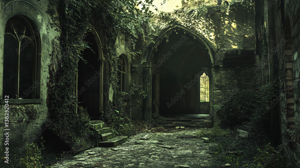 Obraz premium Overgrown Gothic Ruins with Ivy-Covered Walls and Dark Archway Hidden Deep in a Forgotten Forest Courtyard