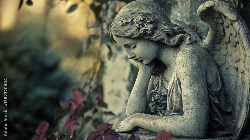 Melancholic Stone Angel Statue Sitting in a Garden with Flowers in Soft Light and Dreamy Atmosphere