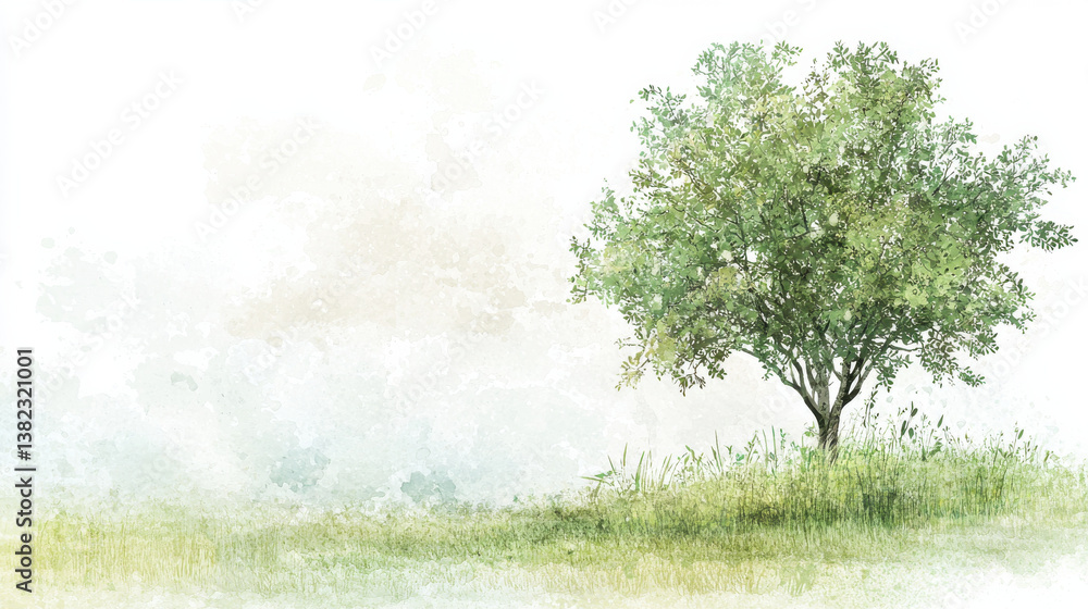 Fototapeta premium watercolor tree on grassy hill with soft background, Background illustration with copy space, blank area, negative space, and empty design layout, Perfect space for text or branding.