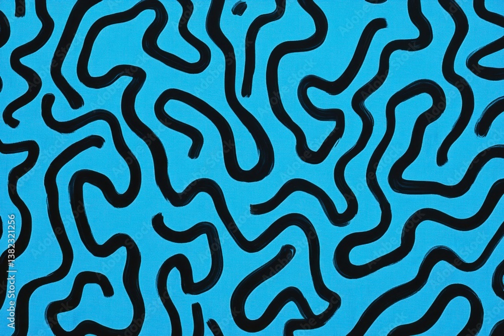 Black winding lines elegantly presented against a bright blue canvas Black winding lines elegantly presented against a bright blue canvas