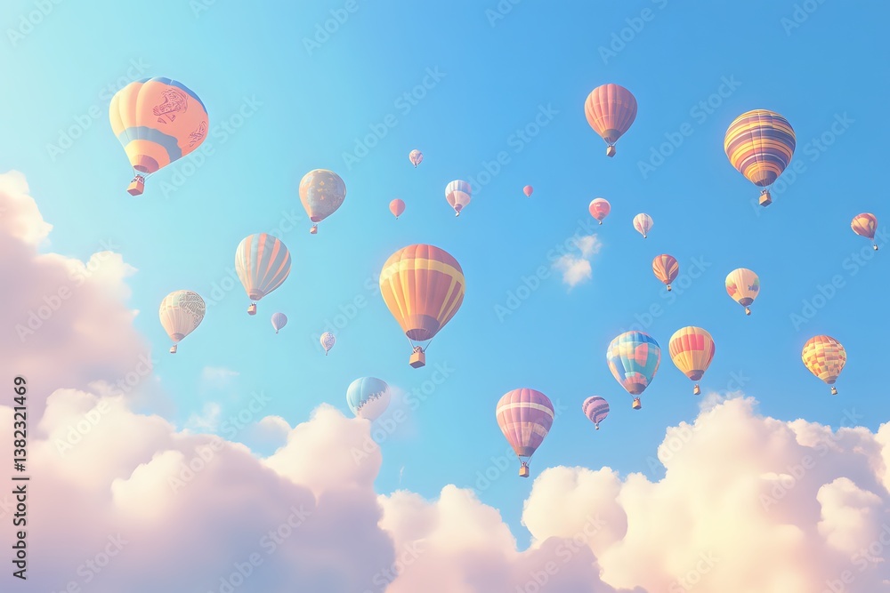 Fototapeta premium Pastel Hot Air Balloons Soaring Above Fluffy Clouds