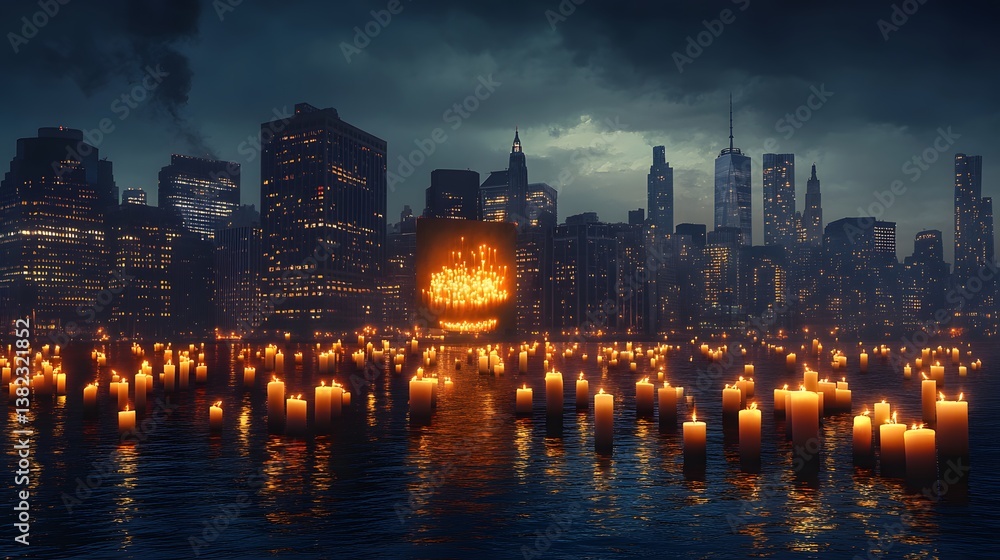 Burning symbol mourned by candles in city skyline Burning symbol mourned by candles in city skyline