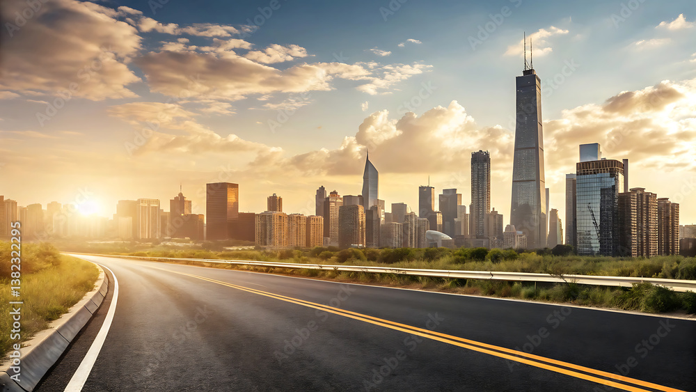 Fototapeta premium Asphalt Road Leading to a Stunning Modern City Skyline at Sunset