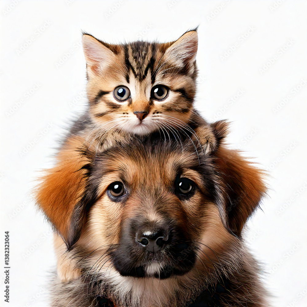 Obraz premium cat on dog head white background