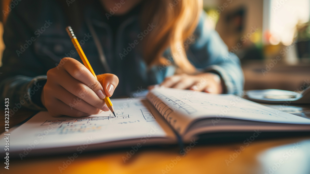 Student working with pencil on math homework notebook at cozy home desk in natural light Student working with pencil on math homework notebook at cozy home desk in natural light
