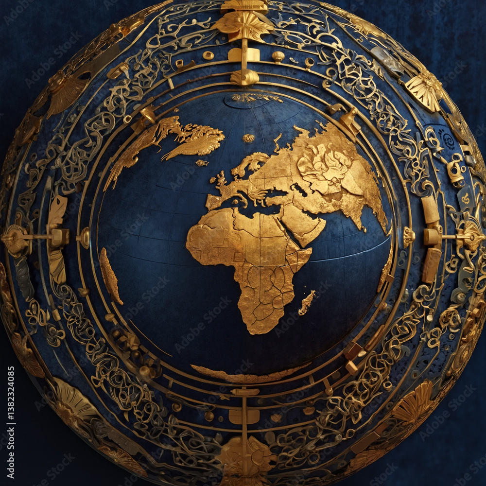 Fototapeta premium Elegant globe design with golden continents on a dark background 