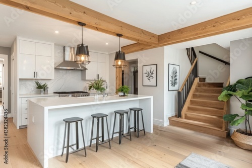 A bright, airy kitchen with a large white island and wooden beams, showcasing a modern farmhouse aesthetic with warm lighting and light wood floors.