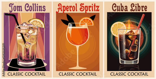 Cocktails retro poster set. Aperol Spritz, Cuba Libre, Tom Collins. Collection of popular alcohol drinks. Vintage style flat vector illustrations for bar, pub, restaurant, kitchen wall art.