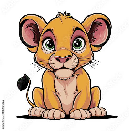 A cartoon lion cub is sitting on a white background. The cub has a big smile on its face and its eyes are wide open
