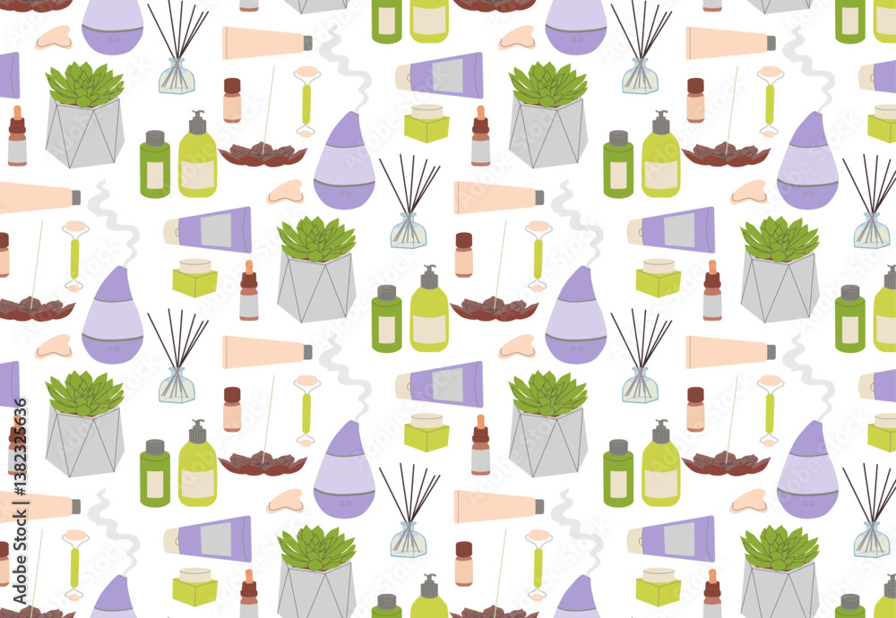 Vector illustration featuring a seamless pattern of wellness items including essential oils, diffusers, succulents, and incense sticks, promoting relaxation and aromatherapy. Vector illustration featuring a seamless pattern of wellness items including essential oils, diffusers, succulents, and incense sticks, promoting relaxation and aromatherapy.