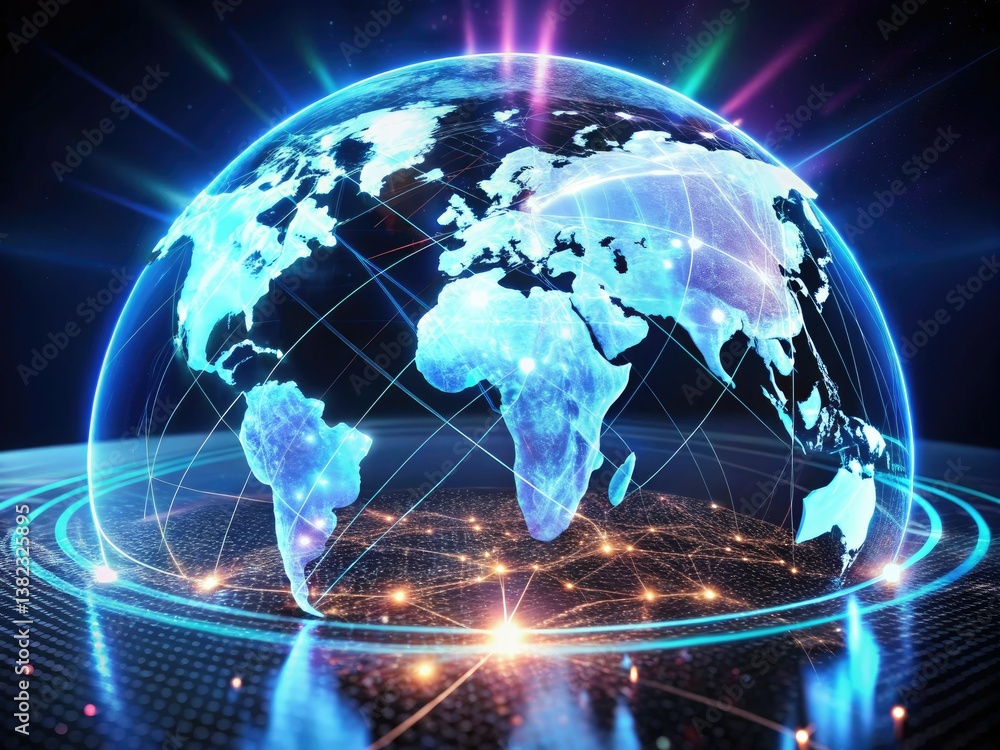 Fototapeta premium AI Holographic World Map: Futuristic Global Monitoring System - Minimalist 3D Data Visualization