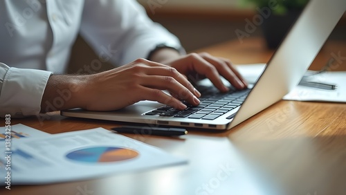 Close-Up of Hands Typing on Laptop with Financial Charts (No Person Visible)