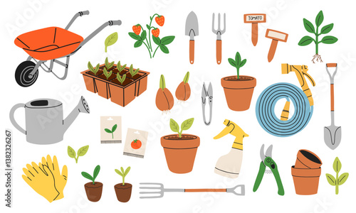 Set of gardening tools and flowers  in flat cartoon style.Big set of garden elements and tools.Home gardening, seedling, growing natural and ecological products.