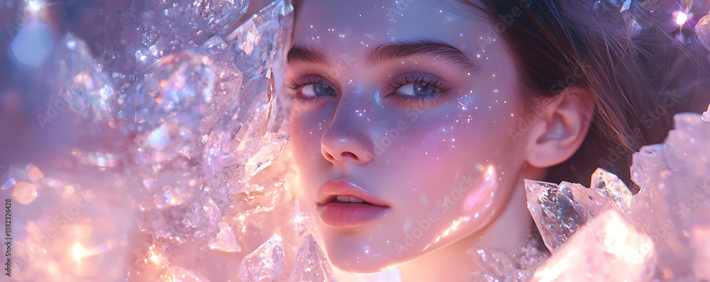Artistic close-up portrait of a young woman with glowing skin and soft features surrounded by glowing multicolor crystals, sparkling light and pastel fantasy hues
