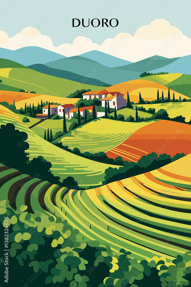 Naklejka premium Duoro Region, Portugal illustrated poster in retro style. Vintage travel booklet, brochure, postcard, print, cover with valley, hills