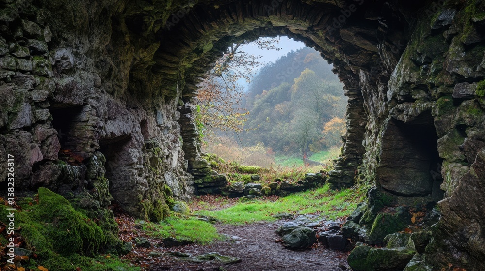 Stone walls crumbling into the earth, castle ruins framed by a cave opening, nature reclaiming its forgotten past. Stone walls crumbling into the earth, castle ruins framed by a cave opening, nature reclaiming its forgotten past.