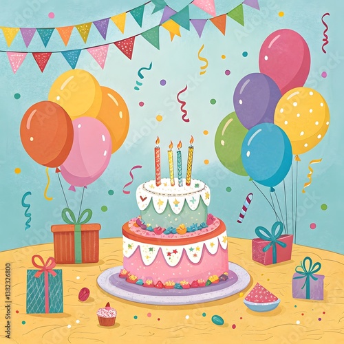  A modern, aesthetic birthday setup with pastel-colored balloons, party hats, confetti, and a rainbow-inspired background.