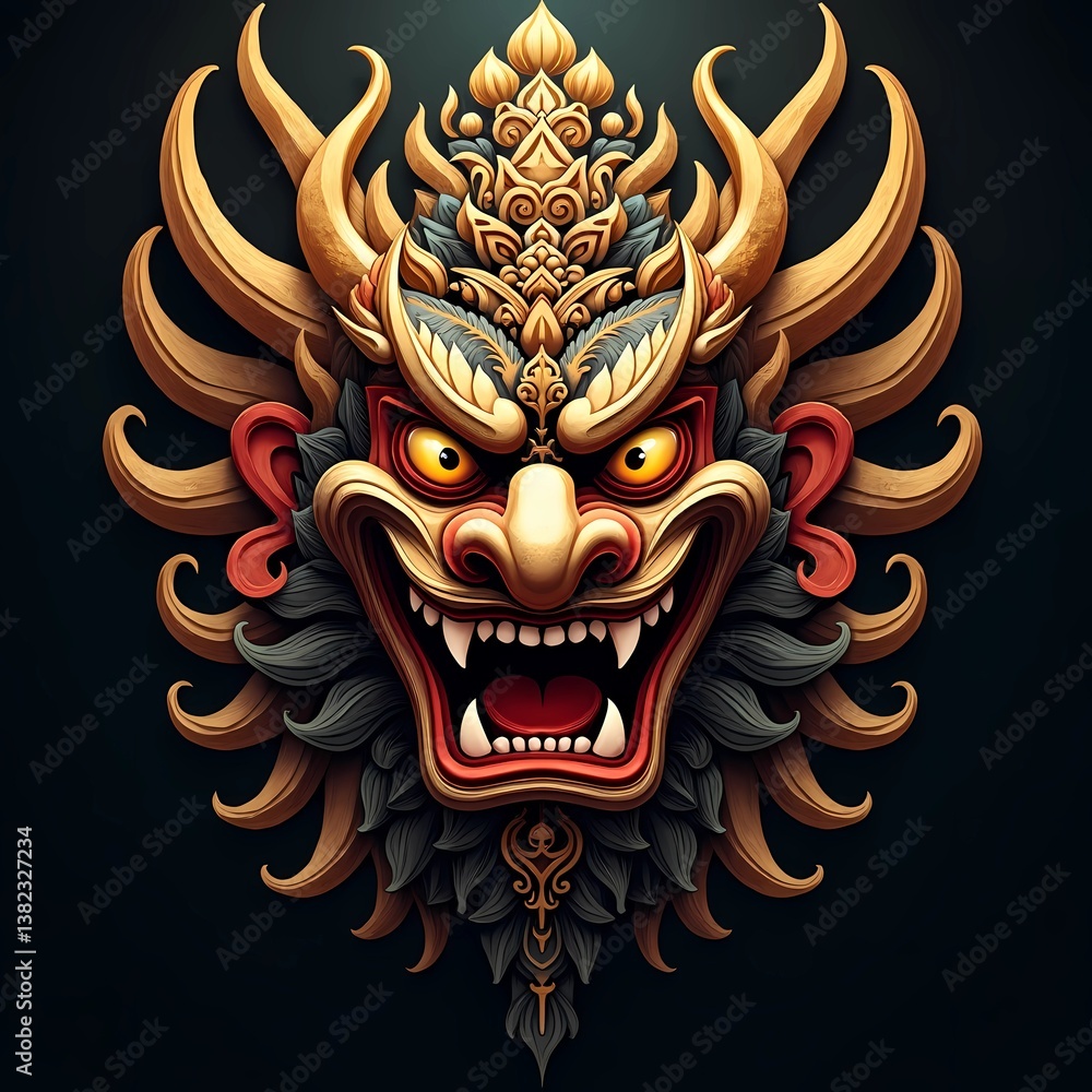 Fototapeta premium the iconic Barong mask from Balinese mythology, emphasizing its ornate details and symbolic elements