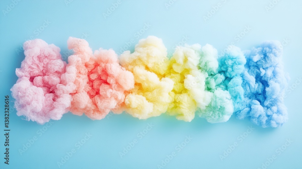 Fototapeta premium Rainbow-colored fluffy clouds arranged in a row on a light blue background.