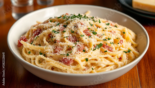 Creamy spaghetti carbonara with pancetta, parmesan and parsley in white bowl
