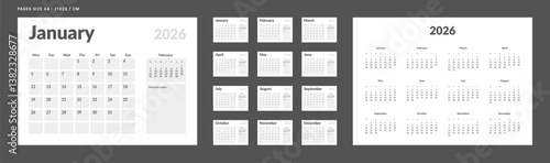 2026 Calendar Planner Set of Template Monthly Page, Annual 2027. Vector layout grid of wall or desk calendar with week start Monday in in monochrome color. Page A4-21x29.7 cm for print