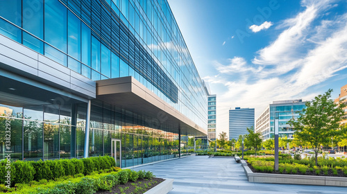 Sleek facade of modern glass office architecture reflecting the sky, Modern glass buildings with reflective facades set against a bright fluffy white clouds, Sustainable glass office building design.