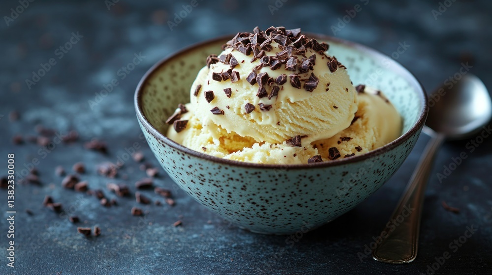 Creamy vanilla ice cream topped with chocolate chips (1) Creamy vanilla ice cream topped with chocolate chips (1)