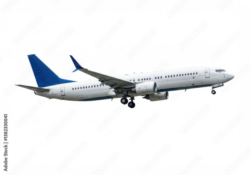 A white airplane with blue tail and wings on a bright white background in a side view shot A white airplane with blue tail and wings on a bright white background in a side view shot