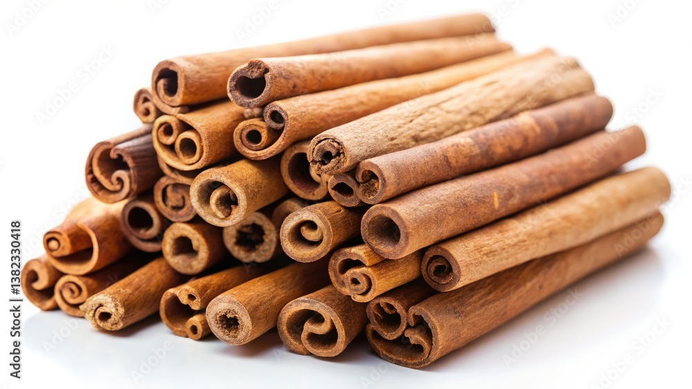 Macro Cinnamon Sticks Photography: Close-up Aromatic Spice Image, Isolated White Background Macro Cinnamon Sticks Photography: Close-up Aromatic Spice Image, Isolated White Background