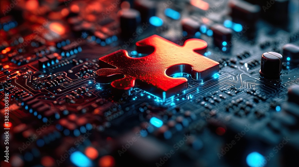 Fototapeta premium A red metallic puzzle piece lies on a circuit board, illuminated with blue and red lights