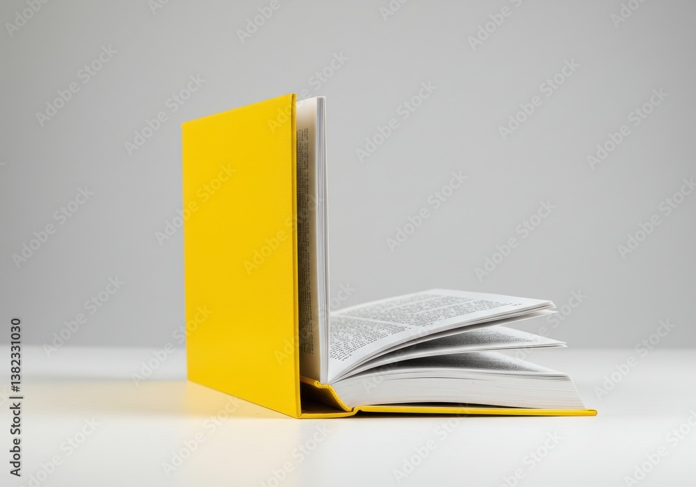 A yellow book standing open with pages visible on a white surface against a gray background plain style A yellow book standing open with pages visible on a white surface against a gray background plain style