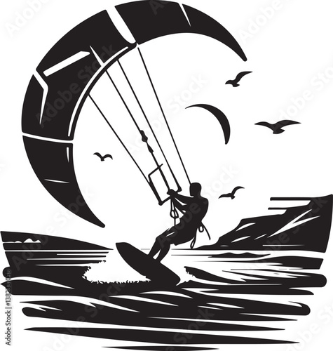 Kitesurfing silhouette vector illustration 
