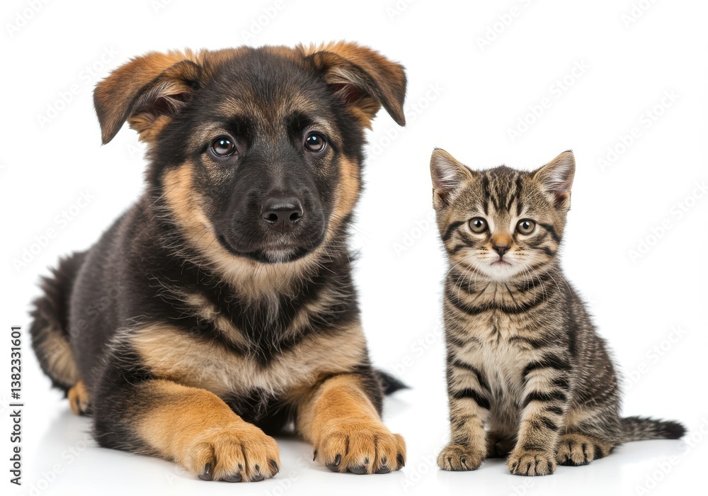 A german shepherd puppy and a tabby kitten are posing together on a white background in a studio shot A german shepherd puppy and a tabby kitten are posing together on a white background in a studio shot