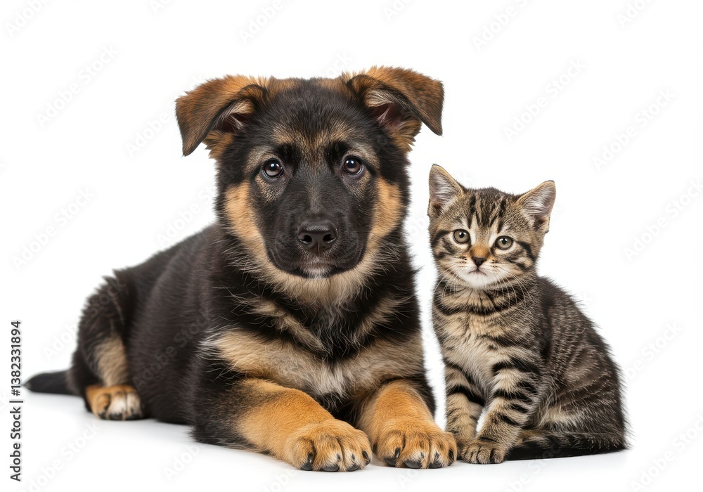 A german shepherd puppy lying next to a tabby kitten on a white background in a studio shot A german shepherd puppy lying next to a tabby kitten on a white background in a studio shot
