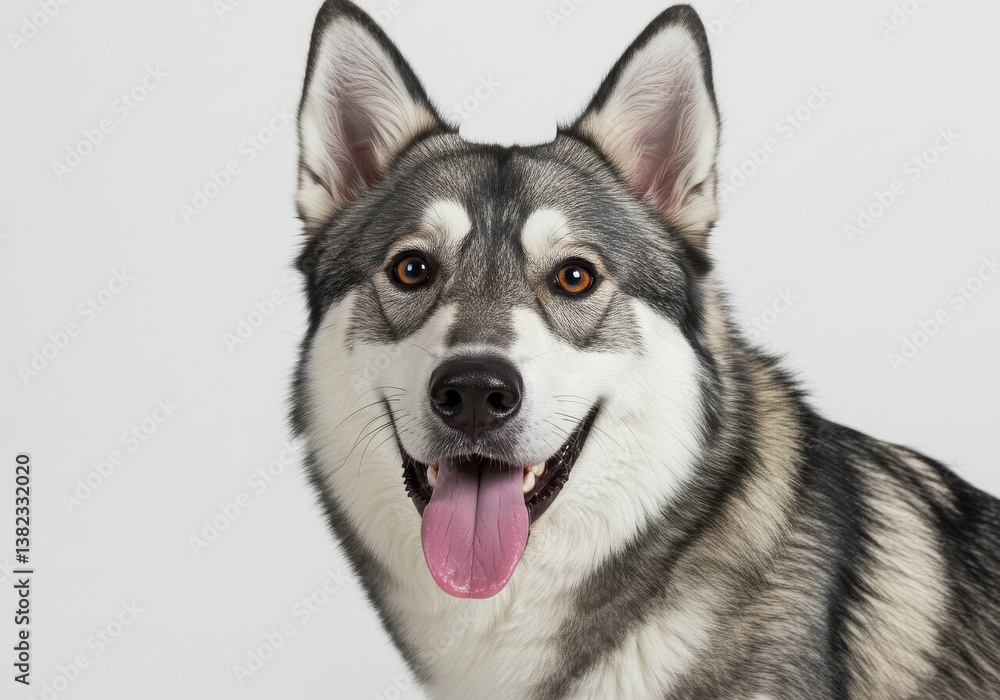 Close up portrait of a gray and white husky dog with its tongue out on a white background Close up portrait of a gray and white husky dog with its tongue out on a white background