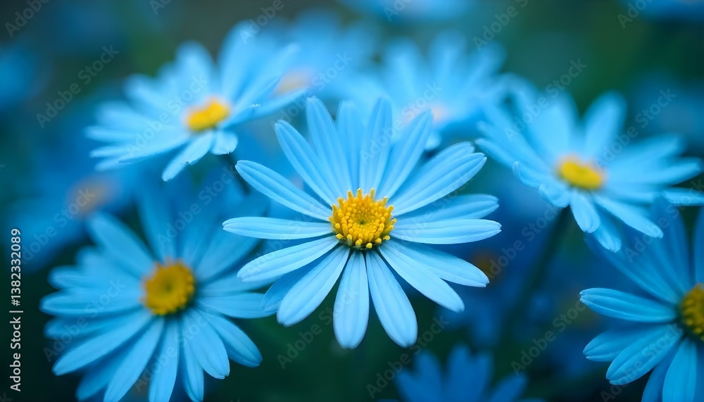Obraz premium Close-up photograph of several blue daisy flowers with yellow centers, captured with a macro lens to highlight the intricate details of the petals and stamen