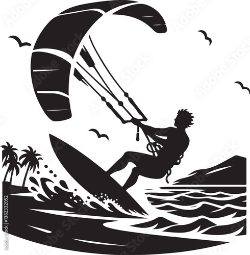 Kitesurfing silhouette vector illustration 