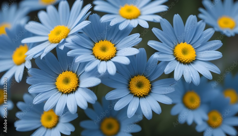 Fototapeta premium Close-up photograph of several blue daisy flowers with yellow centers, captured with a macro lens to highlight the intricate details of the petals and stamen
