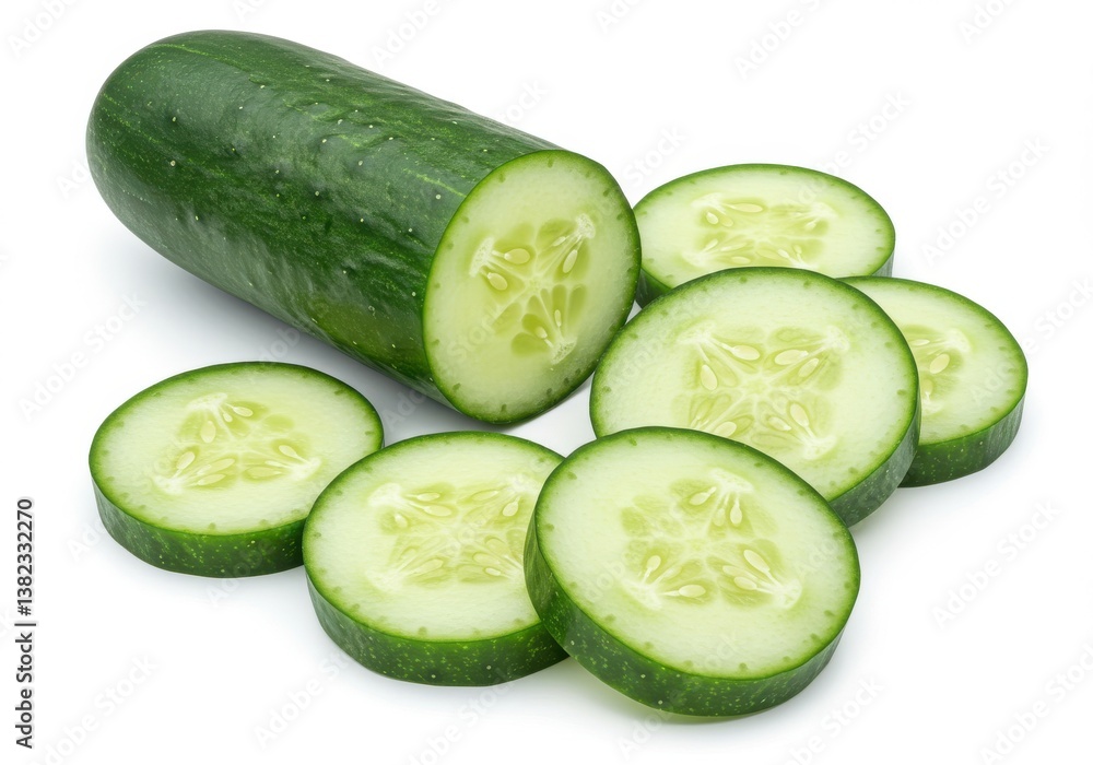 A fresh cucumber with several slices arranged on a white surface in a studio shot close up view A fresh cucumber with several slices arranged on a white surface in a studio shot close up view