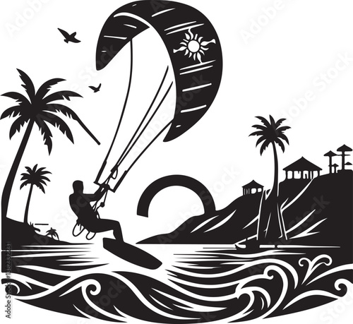 Kitesurfing silhouette vector illustration 