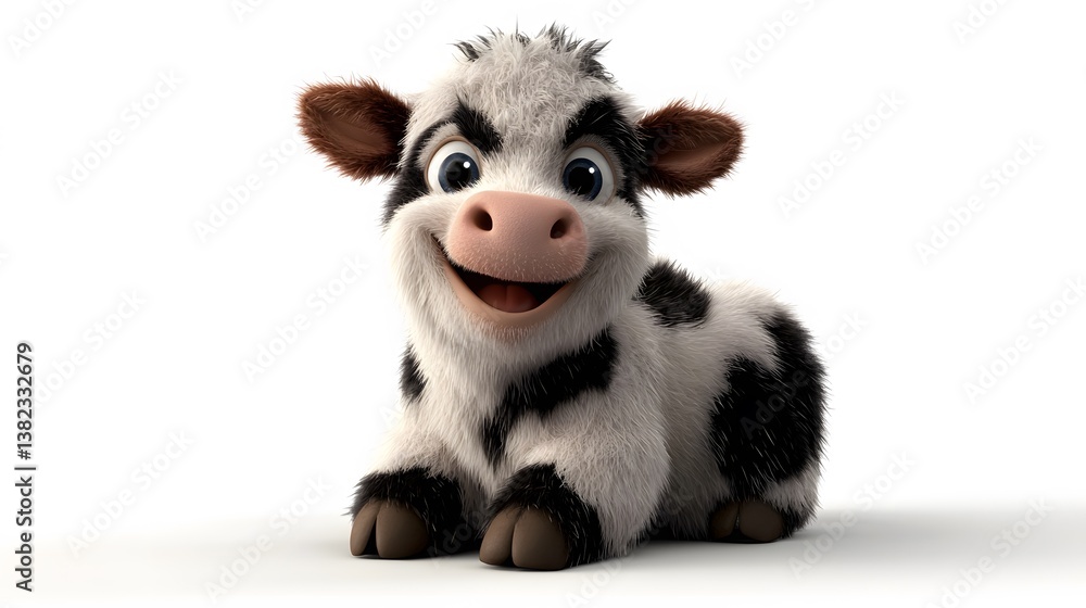 Fototapeta premium 3d cartoon, cow, on white background studio photo style, clean and clear