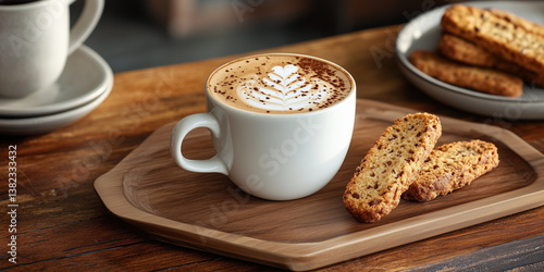 Cappuccino mit Latte Art, serviert mit knusprigen Biscotti auf einem Holztisch